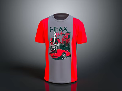 Gray And Red Casual T Shirt With Fear Balance Text And Red Car Graphic 3d model