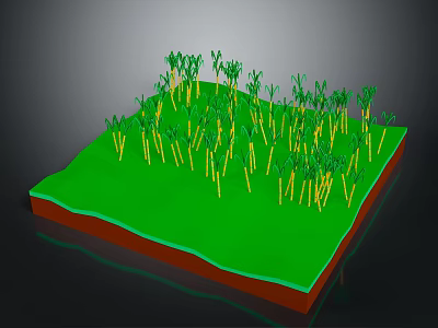 Green Plants With Yellow Stems And Green Leaves Growing On Green Ground In 3d model