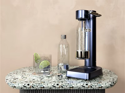 Modern Kitchen Soda Maker On Terrazzo Counter With Glass Lime Slice And Transparent Bottle 3d model