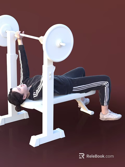 Woman Doing Barbell Bench Press On White Workout Bench In Sportswear With Sneakers 3d model 