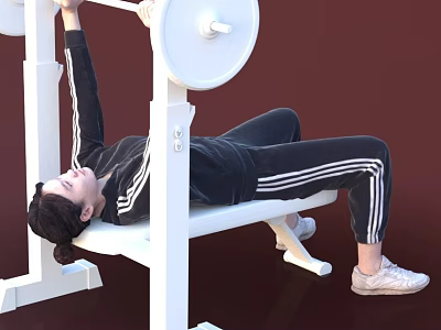 Woman Doing Barbell Bench Press On White Workout Bench In Sportswear With Sneakers 3d model