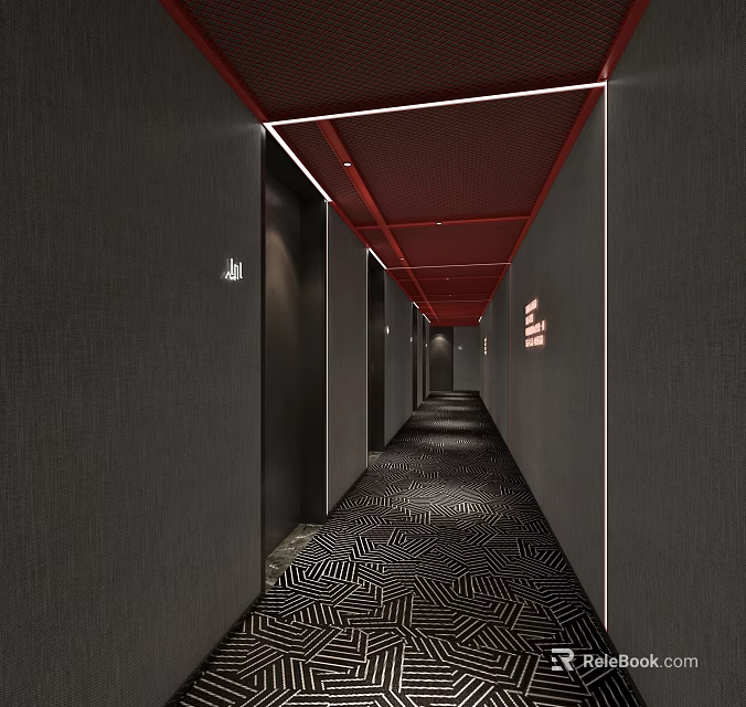 Modern Hotel Corridor With Dark Walls Red Ceiling Recessed Lighting And Geometric Carpet 3d model 
