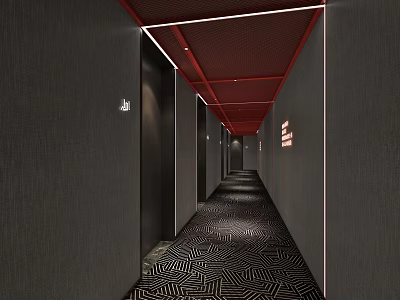Modern Hotel Corridor With Dark Walls Red Ceiling Recessed Lighting And Geometric Carpet 3d model
