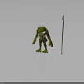 Standing Green Smiling Muscular Frog Character With Wooden Spear And Blue Crystal