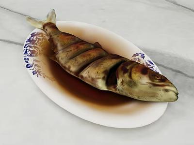Sliced Fish on Blue and White Patterned Plate with Brown Sauce on Marble Countertop 3d model