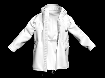 White Hooded Outdoor Jacket With Front Zipper And Multiple Pockets Design 3d model
