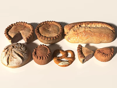 Delicious Display Of Assorted Baked Goods With Breads Pies And Pretzel 3d model