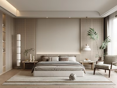 Serene Modern Bedroom Interior With Decorative Headboard Wall And Potted Plants 3d model