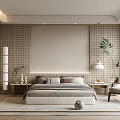 Serene Modern Bedroom Interior With Decorative Headboard Wall And Potted Plants