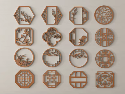 Wooden Lattice Windows with Various Shapes and Traditional Chinese Carved Patterns 3d model
