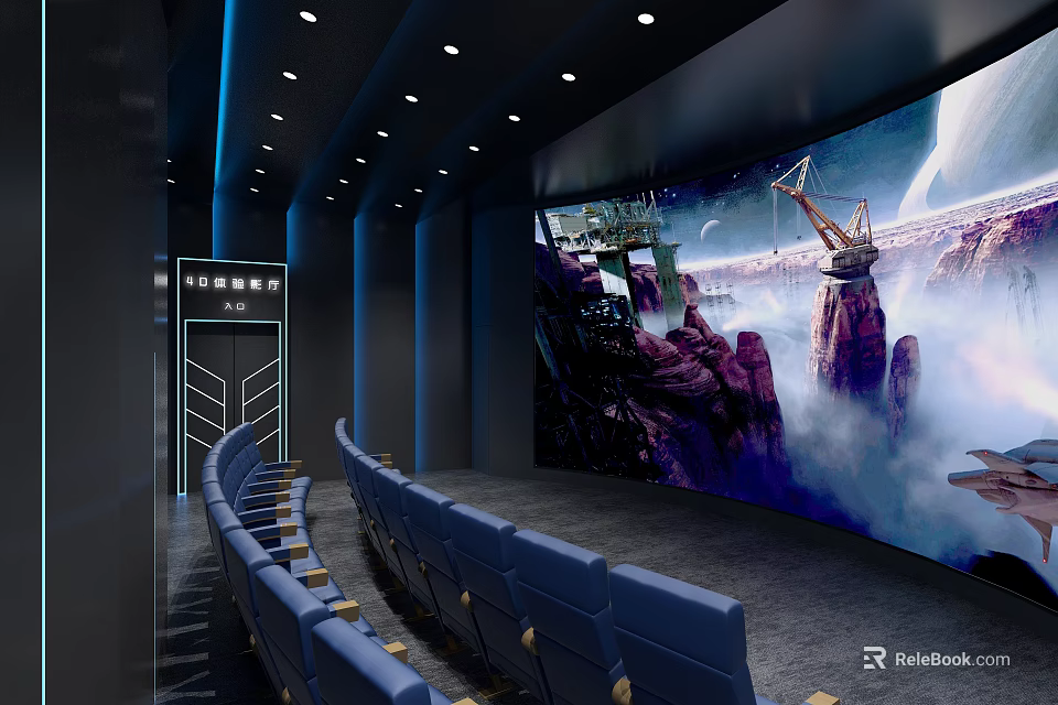 Cinema Interior With Comfortable Blue Seats Large Screen And Immersive Movie Scene 3d model 