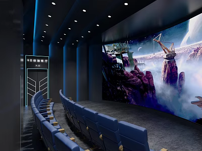 Cinema Interior With Comfortable Blue Seats Large Screen And Immersive Movie Scene 3d model
