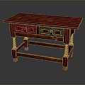 Traditional Red Dining Table Featuring Intricate Carved Details And Sturdy Wooden Legs