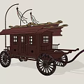 Traditional Chinese Carriage With Ornate Roof Wooden Structure Windows And Large Wheels