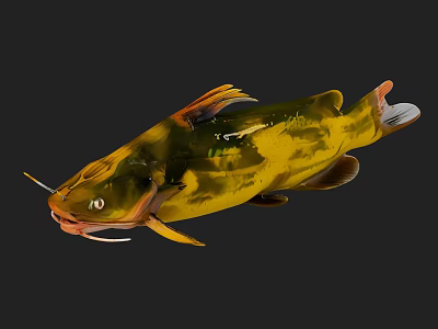 Vibrant Shiny Yellow and Black Patterned Freshwater Fish with Long Whiskers and Fins 3d model