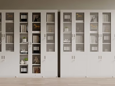 Modern White Bookcase With Glass Doors Shelves Books Decorative Items And Small Plants 3d model