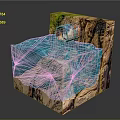 Rock Cube Structure With Blue Water Pool And Metal Pipe Plus Green Vegetation
