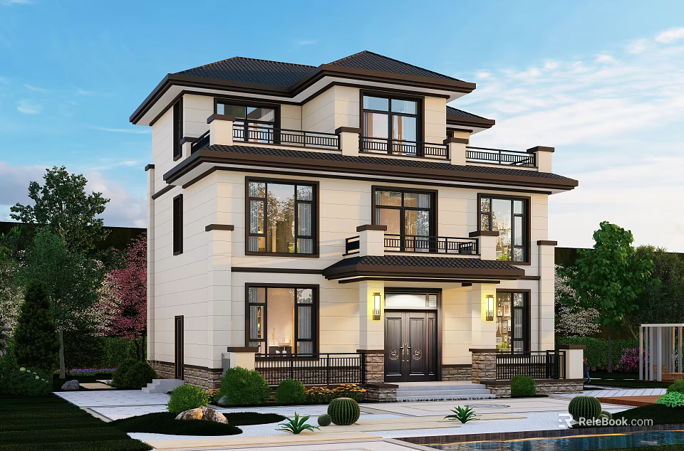 Modern Two Story Detached Villa Exterior With Large Glass Windows Balcony And Garden 3d model 