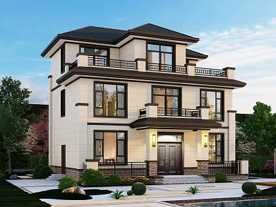 Modern Two Story Detached Villa Exterior With Large Glass Windows Balcony And Garden 3d model