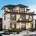 Modern Two Story Detached Villa Exterior With Large Glass Windows Balcony And Garden