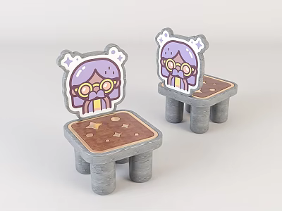 Cute Kids Chair With Purple Haired Girl Cartoon Design And Star Patterns On Seat 3d model