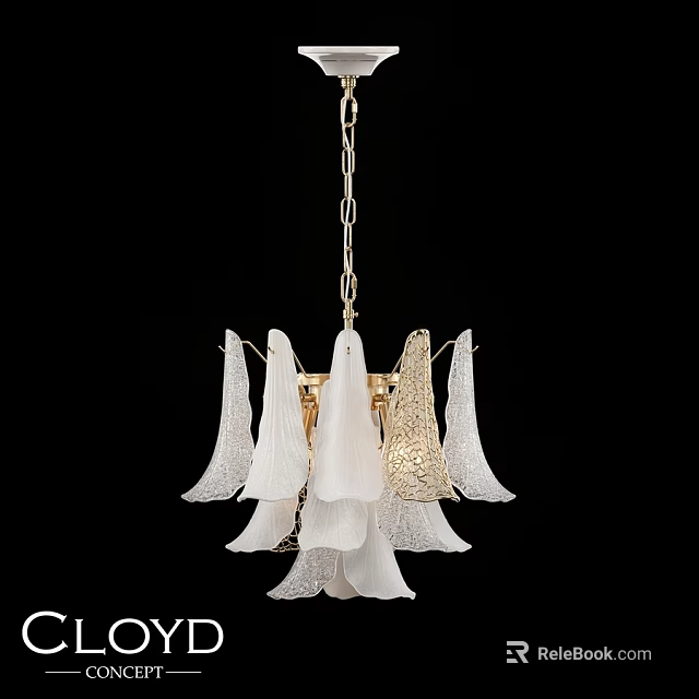 Elegant Modern Chandelier With Petal Shaped Glass Shades And Golden Metal Chain 3d model 