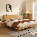 Cozy Bedroom Interior With Wooden Bed Pillows Bedding Green Plants Decorative Paintings And Rug
