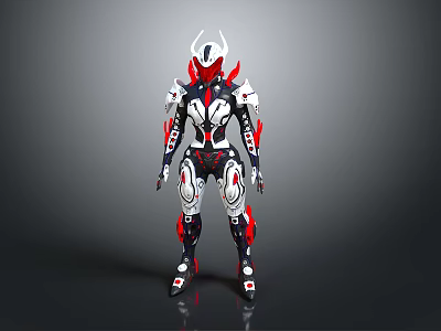 Futuristic Biomechanical Character With Red White Black Armor And Helmet Design 3d model