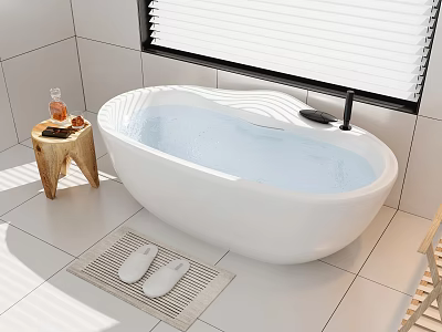 White Freestanding Bathtub In Modern Bathroom With Water Wooden Stool Toiletries Slippers And Mat 3d model
