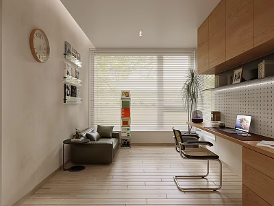 Modern Study Room Interior With Wooden Cabinets Large Window Blinds Potted Plant Desk And Laptop 3d model