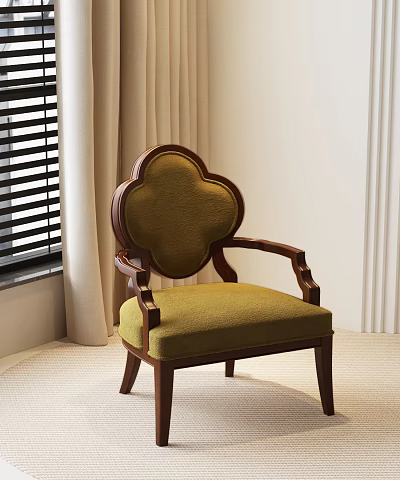 Leisure Chair With Green Cushion And Wooden Frame In Indoor Setting With Curtains And Blinds 3d model