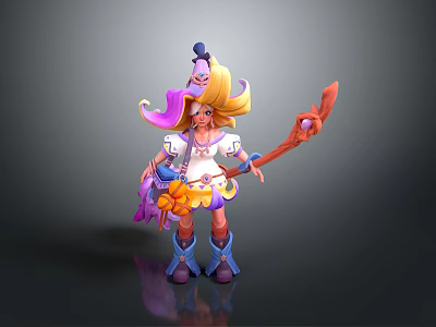 Woman With Long Golden Hair Wearing Colorful Hat Purple Boots Holding Decorative Staff 3d model
