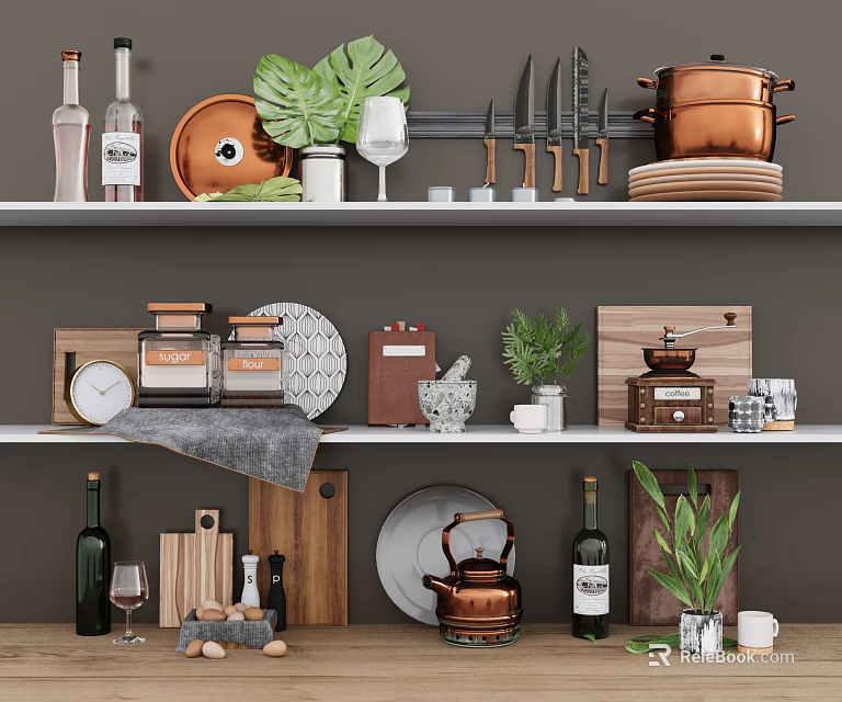Copper Cookware Knives And Cutting Boards Arranged On Kitchen Shelves With Green Plants 3d model 