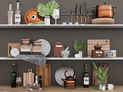 Copper Cookware Knives And Cutting Boards Arranged On Kitchen Shelves With Green Plants 3d model