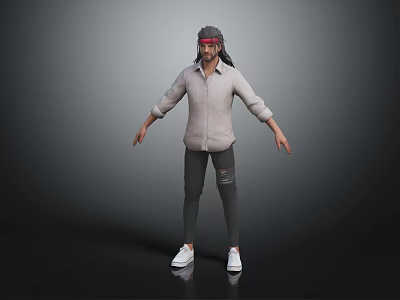 3D Character Model Standing In Black Background With Gray Shirt Ripped Jeans And White Sneakers 3d model