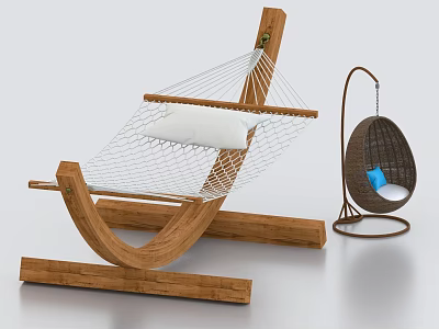 Comfortable Hammock with Wooden Frame White Net Pillow and Hanging Chair 3d model