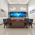 Modern Conference Room With Long Wooden Table Blue Chairs Large Digital Screen And Wall Paintings