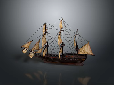 Wooden Sailing Ship Model With Multiple Masts And Canvas Sails On Gray Background With Reflections 3d model
