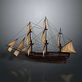 Wooden Sailing Ship Model With Multiple Masts And Canvas Sails On Gray Background With Reflections 3d model