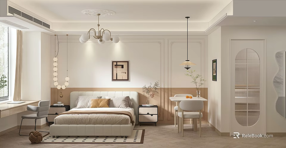Cozy Modern Bedroom Interior With Bed Nightstand Chandelier Rug And Wall Painting 3d model 