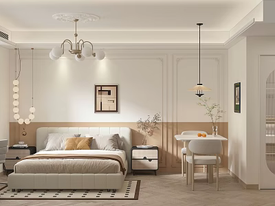 Cozy Modern Bedroom Interior With Bed Nightstand Chandelier Rug And Wall Painting 3d model