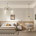 Cozy Modern Bedroom Interior With Bed Nightstand Chandelier Rug And Wall Painting