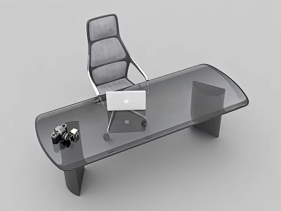 Modern Glass Top Office Desk With Laptop Chair And Decorative Items 3d model
