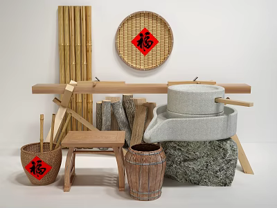 Traditional Garden Decor Accents with Bamboo Items Fu Character Stone Mill and Wooden Stool 3d model