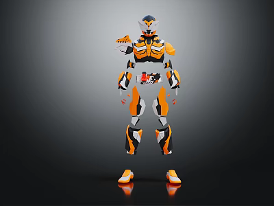 Orange And White Futuristic Robot With Mechanical Armor In Standing Pose On Reflective Floor 3d model