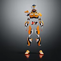 Orange And White Futuristic Robot With Mechanical Armor In Standing Pose On Reflective Floor 3d model
