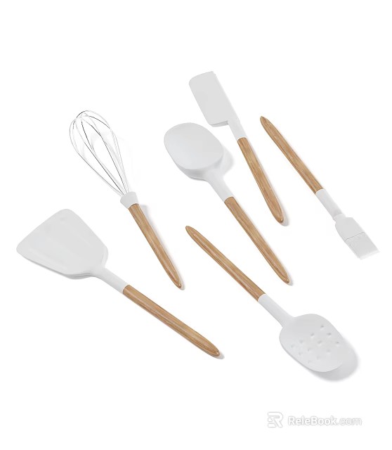 Essential White Kitchen Utensils Set with Wooden Handles Cooking Tools 3d model 