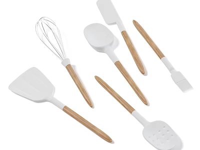 Essential White Kitchen Utensils Set with Wooden Handles Cooking Tools 3d model