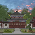 Ancient Chinese Architecture Traditional Courtyard Design With Red Doors Tiered Roofs Trees And Sunset Sky