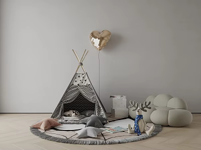Teepee Tent In Kids Play Area With Heart Balloon Stuffed Toys And Sofa Rug 3d model